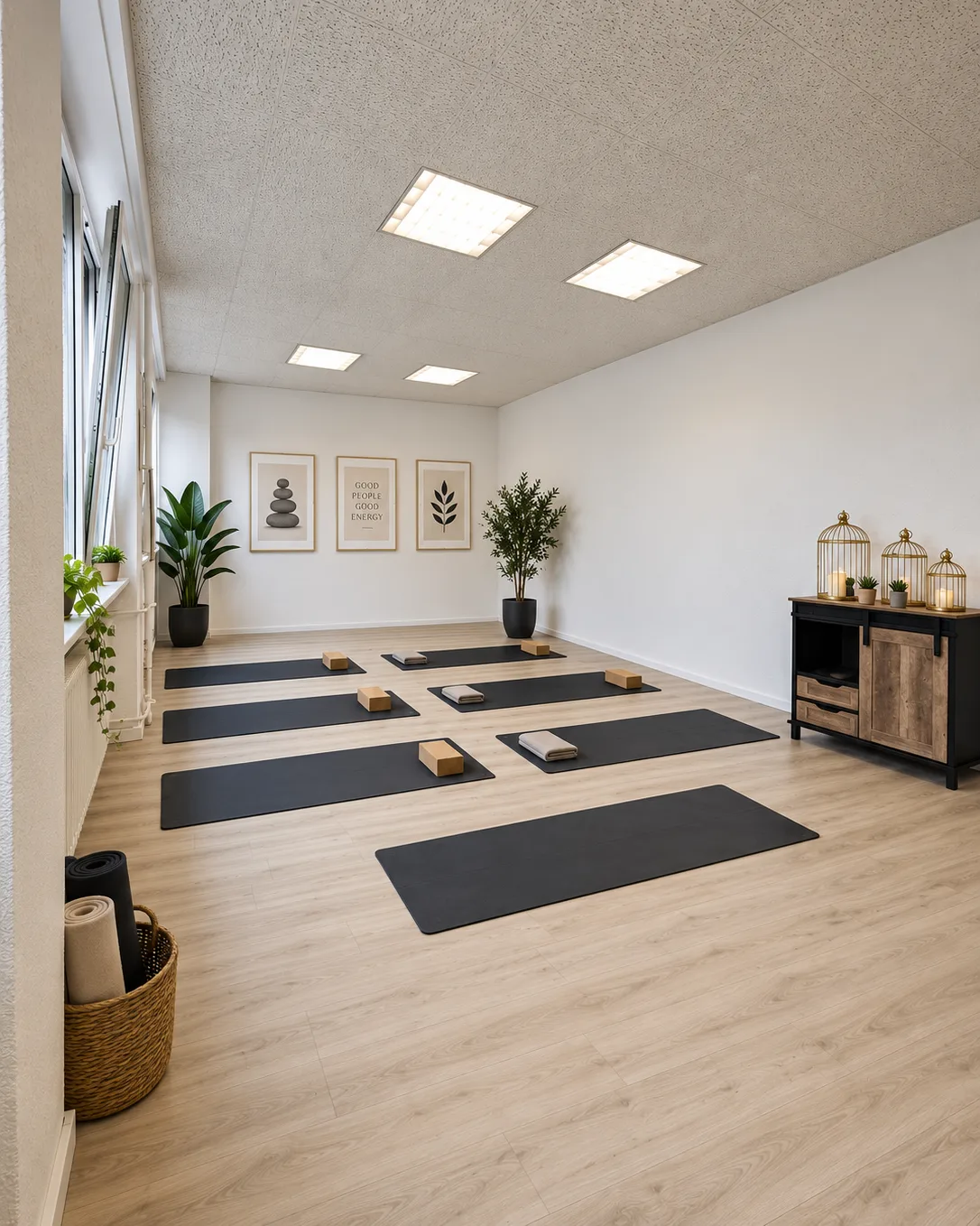 La salle installée, tapis déroulés et lumière du matin